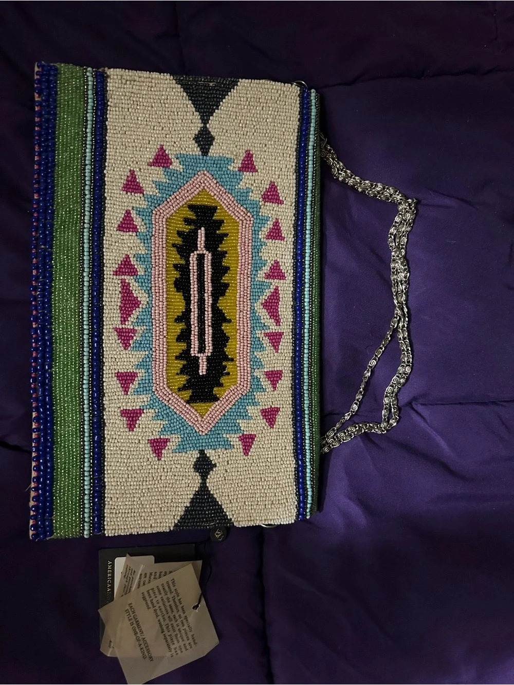 Hand-Beaded Tribal Pattern Clutch in Pink, Teal & Gold